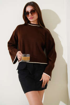 Yarım Fitilli Triko Kazak Kahve - Kadın Giyim Modelleri