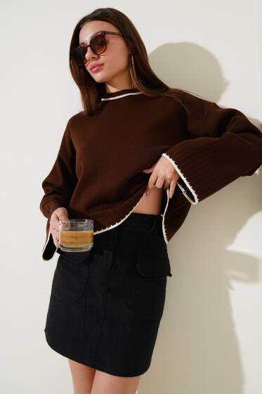 Yarım Fitilli Triko Kazak Kahve - Yeni Giyim