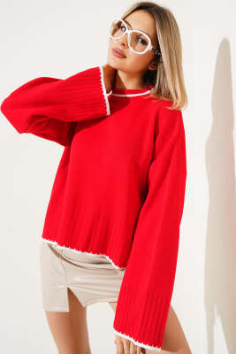 Yarım Fitilli Triko Kazak Kırmızı - Kadın Giyim Modelleri