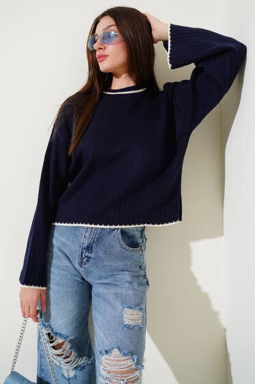 Yarım Fitilli Triko Kazak Lacivert - Yeni Giyim