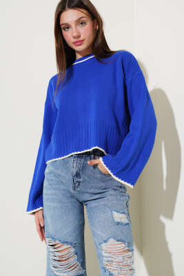 Yarım Fitilli Triko Kazak Saks - Kadın Giyim Modelleri