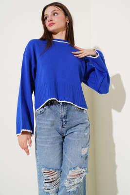 Yarım Fitilli Triko Kazak Saks - Kadın Giyim Modelleri