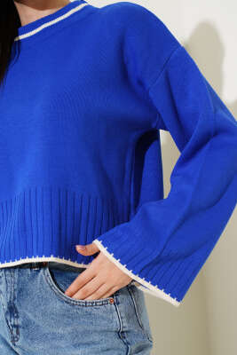 Yarım Fitilli Triko Kazak Saks - Kadın Giyim Modelleri