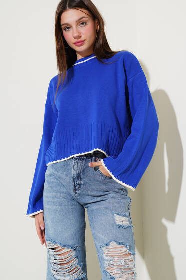 Yarım Fitilli Triko Kazak Saks - Yeni Giyim