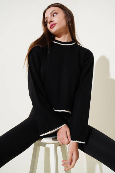 Yarım Fitilli Triko Kazak Siyah - Yeni Giyim