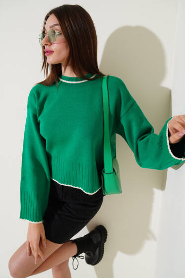 Yarım Fitilli Triko Kazak Yeşil - Triko