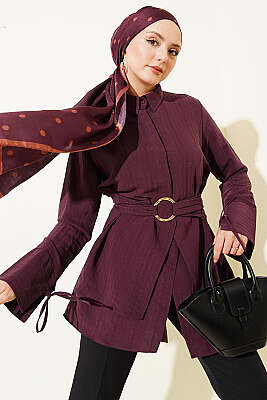 Yarım Gizli Düğmeli Bağlamalı Tunik Bordo - DESTİNA