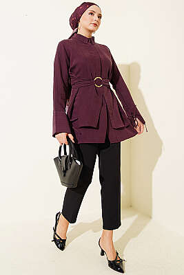 Yarım Gizli Düğmeli Bağlamalı Tunik Bordo - Tunik