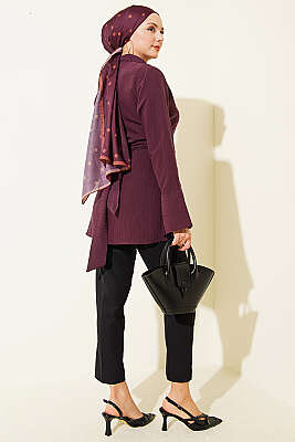 Yarım Gizli Düğmeli Bağlamalı Tunik Bordo - Tunik