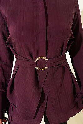 Yarım Gizli Düğmeli Bağlamalı Tunik Bordo - Tunik