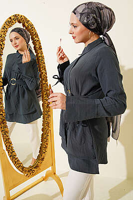 Yarım Gizli Düğmeli Bağlamalı Tunik Füme - DESTİNA