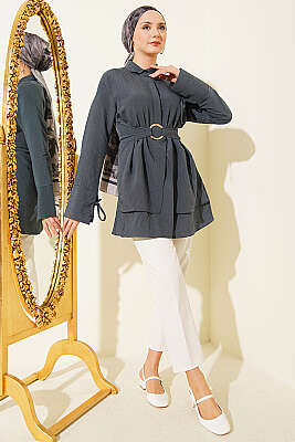 Yarım Gizli Düğmeli Bağlamalı Tunik Füme - Tunik