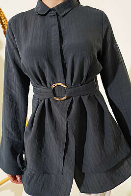 Yarım Gizli Düğmeli Bağlamalı Tunik Füme - Tunik