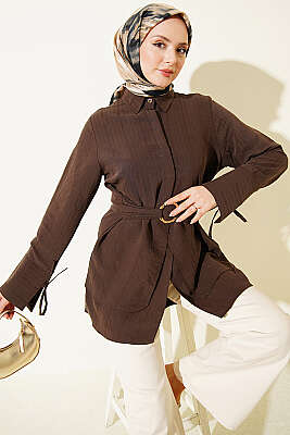 Yarım Gizli Düğmeli Bağlamalı Tunik Kahve - DESTİNA