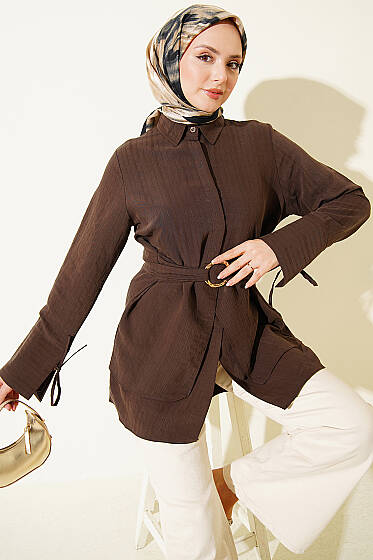 Yarım Gizli Düğmeli Bağlamalı Tunik Kahve - Tunik