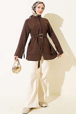 Yarım Gizli Düğmeli Bağlamalı Tunik Kahve - Tunik