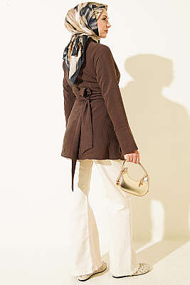 Yarım Gizli Düğmeli Bağlamalı Tunik Kahve - Tunik