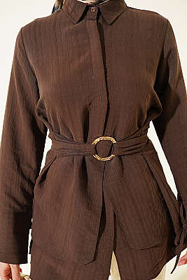 Yarım Gizli Düğmeli Bağlamalı Tunik Kahve - Tunik