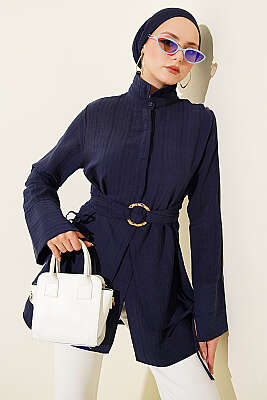 Yarım Gizli Düğmeli Bağlamalı Tunik Lacivert - DESTİNA