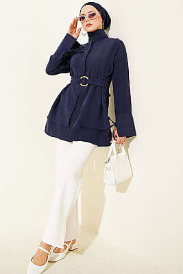 Yarım Gizli Düğmeli Bağlamalı Tunik Lacivert - Tunik