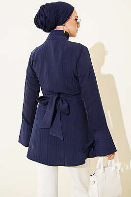 Yarım Gizli Düğmeli Bağlamalı Tunik Lacivert - Tunik