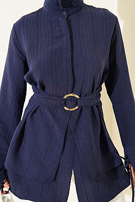 Yarım Gizli Düğmeli Bağlamalı Tunik Lacivert - Tunik