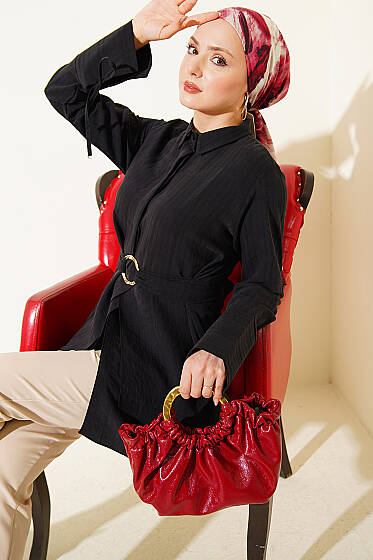 Yarım Gizli Düğmeli Bağlamalı Tunik Siyah - Tunik