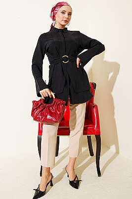 Yarım Gizli Düğmeli Bağlamalı Tunik Siyah - Tunik