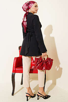 Yarım Gizli Düğmeli Bağlamalı Tunik Siyah - Tunik