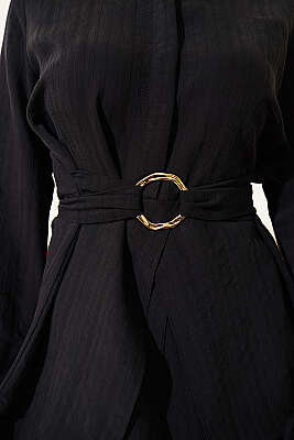 Yarım Gizli Düğmeli Bağlamalı Tunik Siyah - Tunik