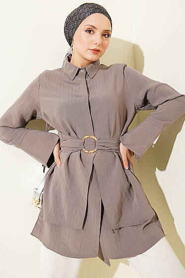 Yarım Gizli Düğmeli Bağlamalı Tunik Vizon - Tunik