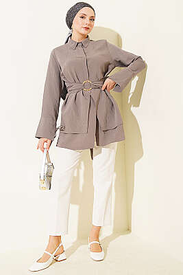 Yarım Gizli Düğmeli Bağlamalı Tunik Vizon - Tunik