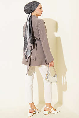 Yarım Gizli Düğmeli Bağlamalı Tunik Vizon - Tunik