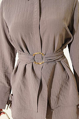 Yarım Gizli Düğmeli Bağlamalı Tunik Vizon - Tunik