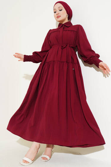 Yarım Gizli Düğmeli İp Bağcıklı Elbise Bordo - Elbise