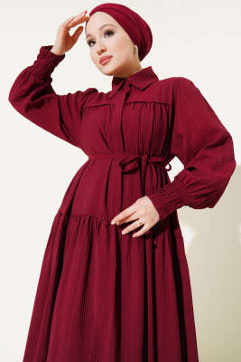 Yarım Gizli Düğmeli İp Bağcıklı Elbise Bordo - Tesettür Elbise