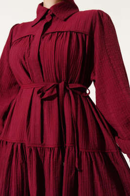 Yarım Gizli Düğmeli İp Bağcıklı Elbise Bordo - Tesettür Elbise