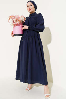 Yarım Gizli Düğmeli İp Bağcıklı Elbise Lacivert 