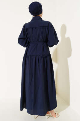 Yarım Gizli Düğmeli İp Bağcıklı Elbise Lacivert - Tesettür Elbise