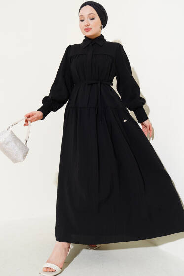 Yarım Gizli Düğmeli İp Bağcıklı Elbise Siyah - Elbise