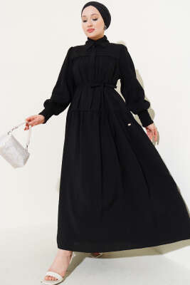 Yarım Gizli Düğmeli İp Bağcıklı Elbise Siyah - Tesettür Elbise