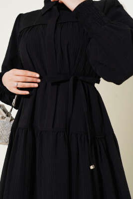 Yarım Gizli Düğmeli İp Bağcıklı Elbise Siyah - Tesettür Elbise