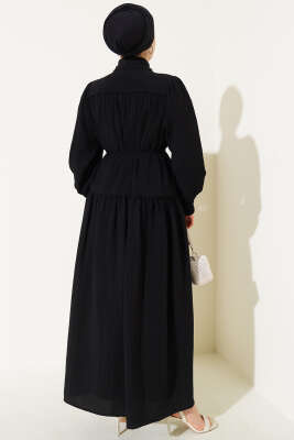 Yarım Gizli Düğmeli İp Bağcıklı Elbise Siyah - Tesettür Elbise