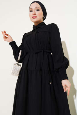Yarım Gizli Düğmeli İp Bağcıklı Elbise Siyah - Tesettür Elbise