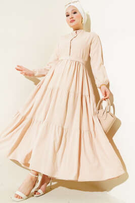 Yarım Gizli Düğmeli Kuşaklı Elbise Bej 