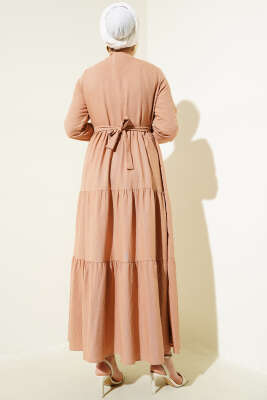 Yarım Gizli Düğmeli Kuşaklı Elbise Camel - Tesettür Elbise