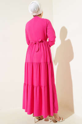 Yarım Gizli Düğmeli Kuşaklı Elbise Fuşya - Tesettür Elbise