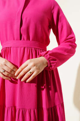 Yarım Gizli Düğmeli Kuşaklı Elbise Fuşya - Tesettür Elbise