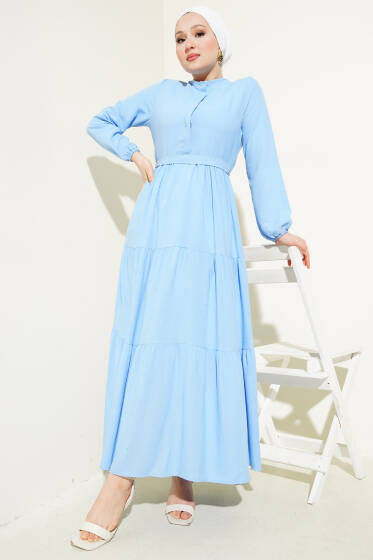 Yarım Gizli Düğmeli Kuşaklı Elbise Mavi - Elbise