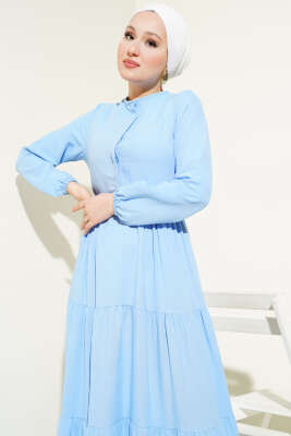 Yarım Gizli Düğmeli Kuşaklı Elbise Mavi - Tesettür Elbise